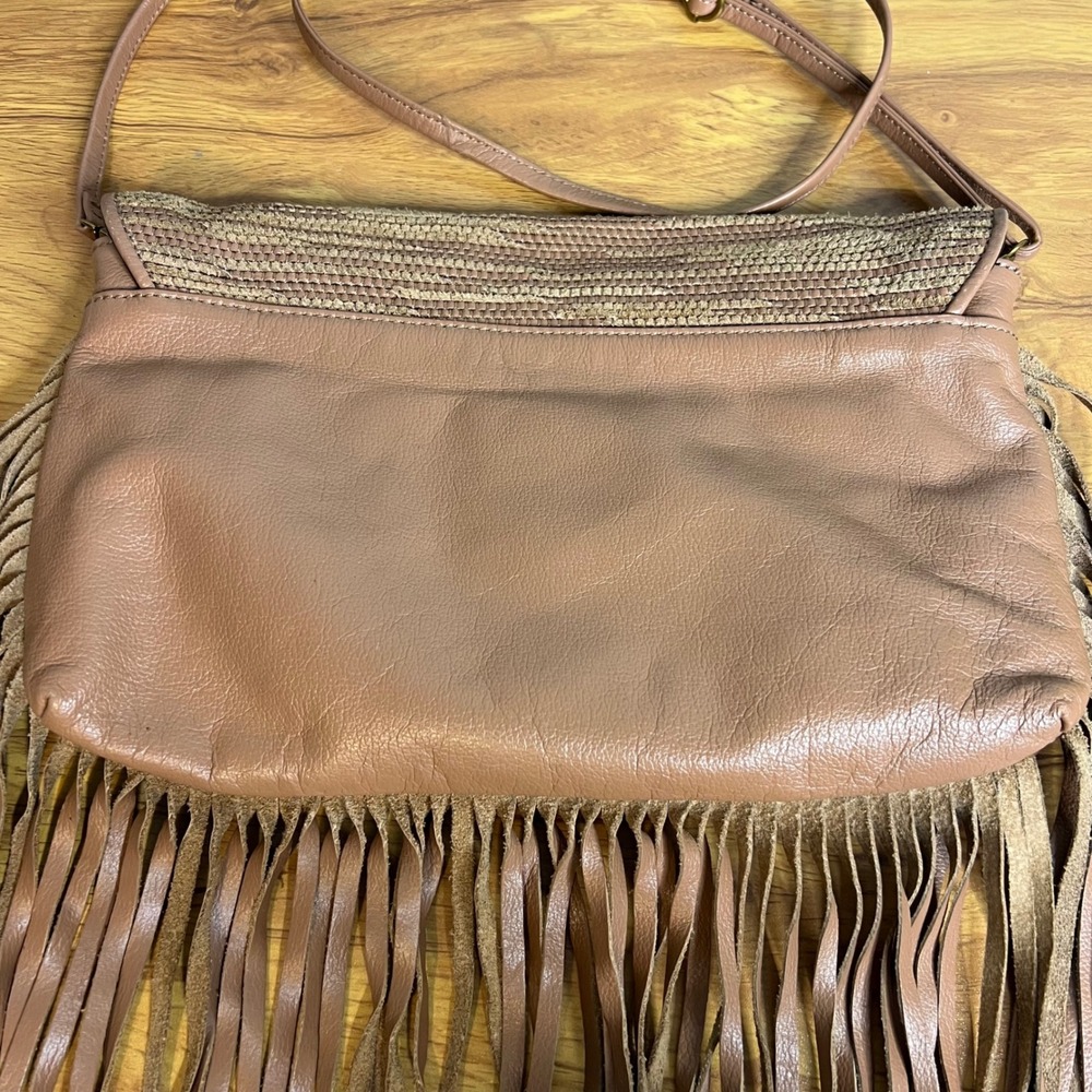 Elliott Lucca Fringe Crossbody Bag Woven Straw Leather Tan Boho Hippie - Picture 9 of 9